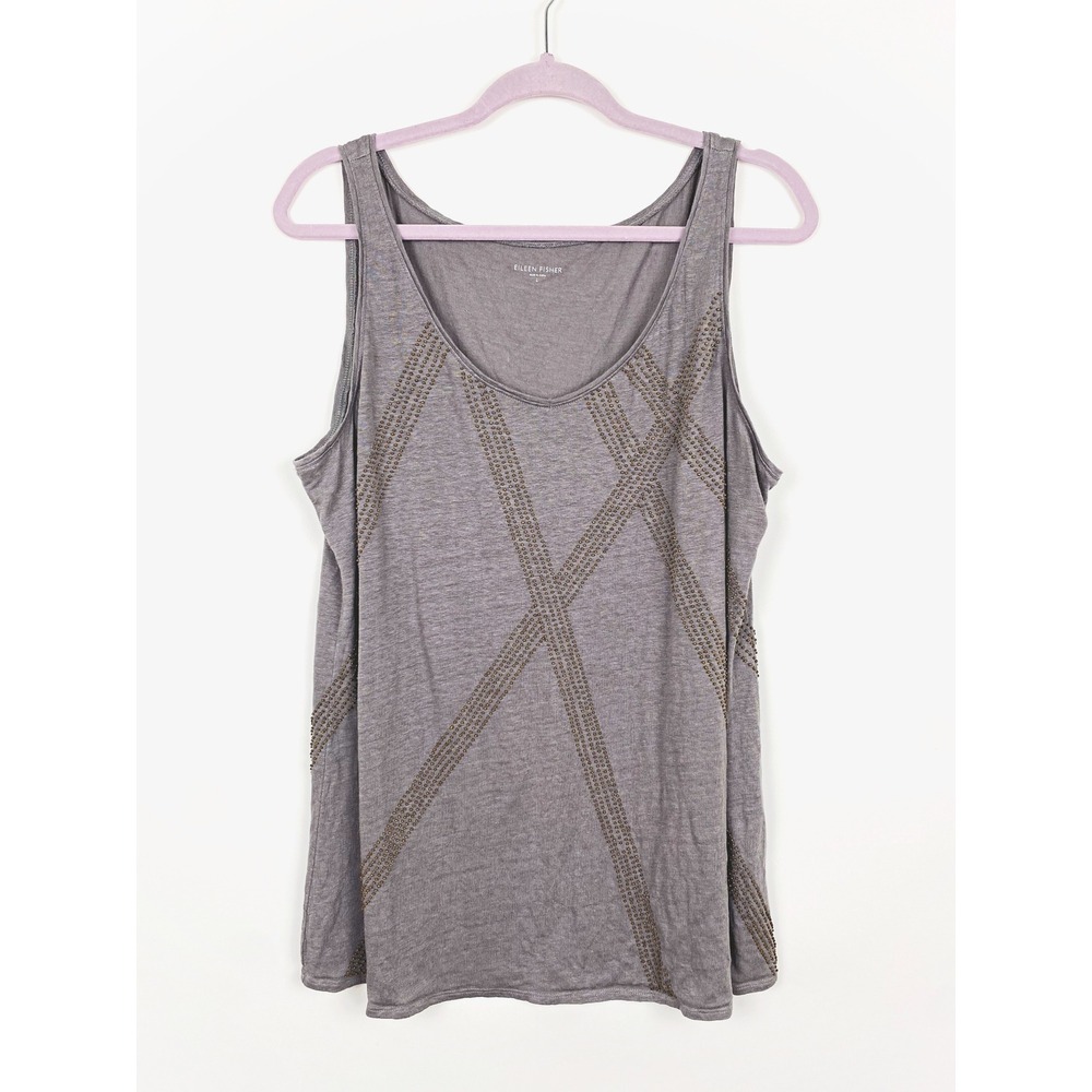 Eileen Fisher 100% Linen Beaded Sleeveless Scoop Neck Tank Top Large
